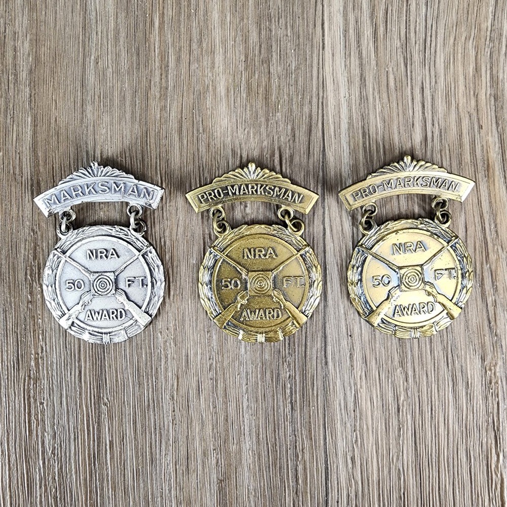 Vintage Lot of 3 NRA Marksman Pro-Marksman 50 FT Award Lapel Pin Blackinton - Picture 1 of 6
